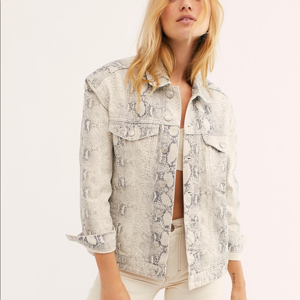 Free People Snakeskin Denim Trucker Jacket Size M